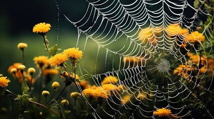 Wall Mural - a spider web on a field of dandelions with dew drops. generative ai