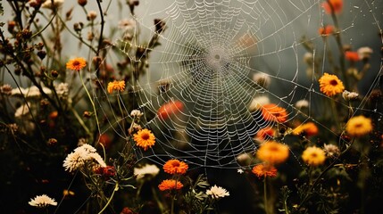 Wall Mural - a spider web in a field of wildflowers and daisies. generative ai
