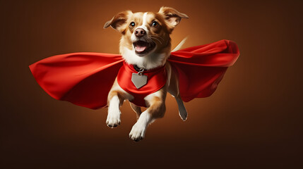 Wall Mural - portrait of superhero dog wearing red cape, jumping like a super hero, isolated on studio background