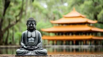 Canvas Print - A statue of buddha sitting in front of a pagoda, AI