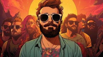 A man with a beard and sunglasses standing in front of a group of people, AI