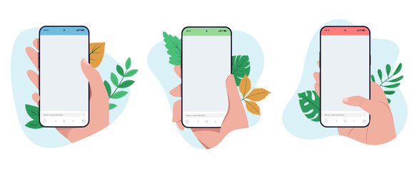 Aufkleber - Hand holding mobile phone template collection - Set of vector illustrations of smartphone with empty blank browser on screen, foliage and decorative leaves and plants, isolated on white background