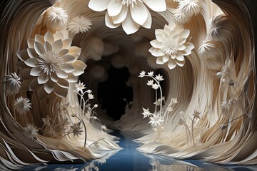 Sticker - A paper cut of a waterfall and flowers, AI