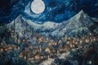 Oil painting depicting a moonlit mountain village in Van Gogh's signature style, reminiscent of 'The Starry Night'. Generative AI