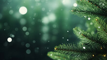 Green Christmas Background With Tree Branches And Bokeh Lights, Generative AI