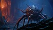 Giant mine crawler spider beast attacking the miners in dark fantasy mine in deep
