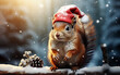 A charming squirrel in a Santa Claus hat in the winter forest. Snowing. Blurred background. Christmas poster. Close up. Generative AI