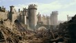 Medieval castle under siege by catapults and ladders and battering rams battle scenery