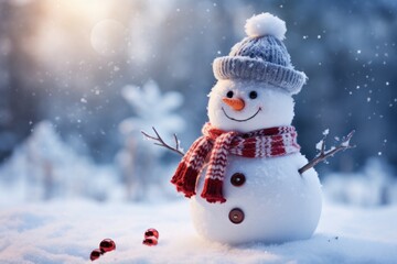 Wall Mural - joyful snowman on a background of winter snow