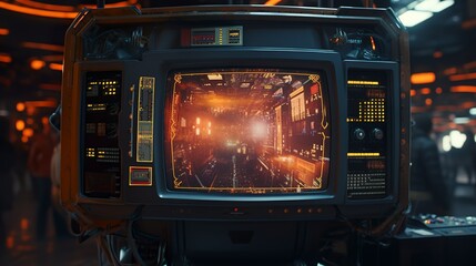 Futuristic cyberpunk terminal machine device with screen and buttons