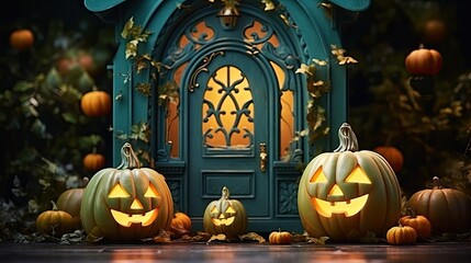 Sticker - house entrance decorated with pumpkins