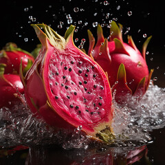 Wall Mural - watersplash with fresh dragonfruit isolated against  black background