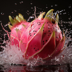 Wall Mural - watersplash with fresh pitahaya isolated against  black background