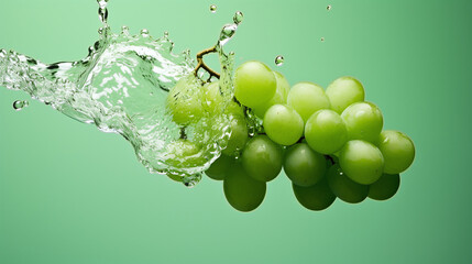 Wall Mural - watersplash with grapes against green background