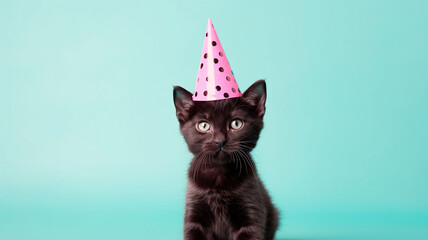 black cat with a birthday hat