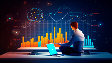 Wall Mural - businessman sitting on desk and using laptop with graph chart, business finance, investment and trading concept