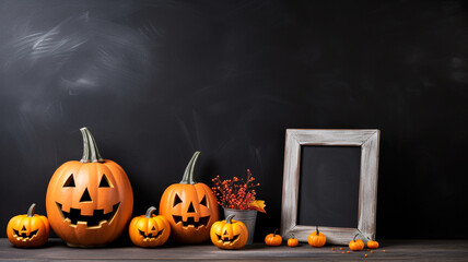 Wall Mural - happy halloween background. pumpkin on a dark wooden table