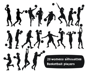 Image of black female silhouettes of basketball players in a ball game.