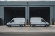 two white vans are parked in and outside a warehouse building Generative Ai
