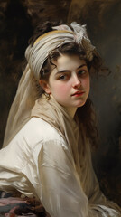 Portrait of a beautiful girl in a white dress with a veil,painting art