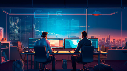 Wall Mural - Programmers sit in front of a computer in a room in the evening