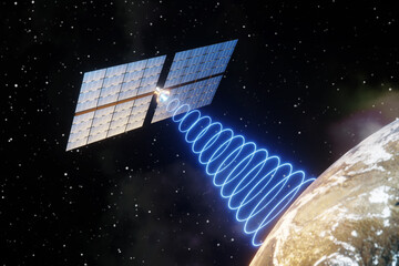 satellite expanding its solar panels and emitting circular blue waves to the planet earth. illustrat