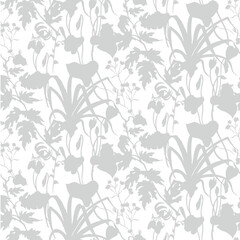  Seamless pattern with herbs and flowers. Botanical silhouettes of herbs and leaves of garden and field summer plants in vector for textiles