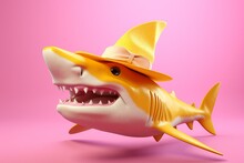 Pink Shark With Hat, Symbolizing Travel And Summer, Rendered In 3D On A Yellow Background. Generative AI