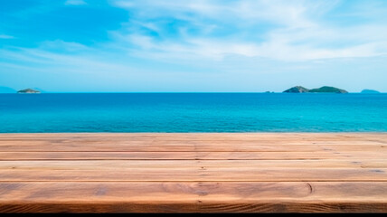 Wall Mural - wood table top on blurred background of sea and ocean