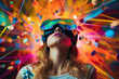 © deagreez - Image of headset user wearing vr glasses watching surreal colorful fantasy world generative AI concept