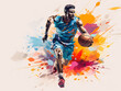 Basketball player running with the ball. Colorful illustration. Silhouette of a running athlete. Olympic Games Paris 2024. Generative AI