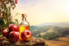 Apple cider vinegar in bottle and apples - AI Generated