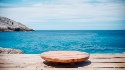 Wall Mural - wood table top on blurred background of sea and ocean