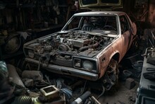 An Abandoned Vehicle Inside A Cluttered Garage With A Deteriorated Body And Damaged Engine Compartment. Generative AI