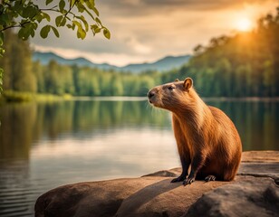 Wall Mural - Brown capybara sitting by the lake with green forest background. High quality photo