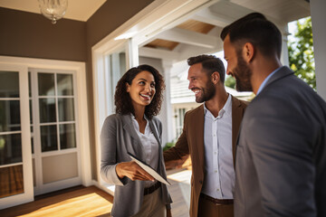 Wall Mural - Female realtor showing new home to couple