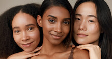 Women, Face And Natural Beauty, Diversity And Wellness, Dermatology And Friends Isolated On Studio Background. Unique Skin, Cosmetic Care And Inclusion With Skincare, Smile And Antiaging Treatment
