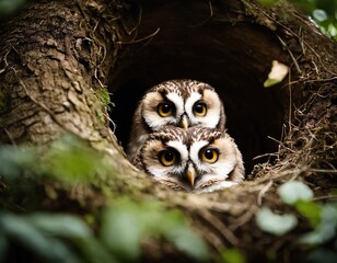 two owls inside tree hole nest peeking out of the hole