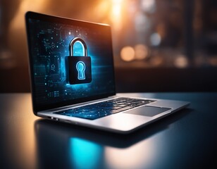Cyber security concept. Lock, key hole and laptop on digital pattern background