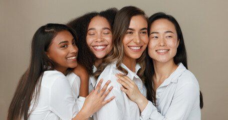 Poster - Women, group skincare and beauty with love, hug and support in diversity and inclusion on brown studio background. Friends, model or people smile together and kiss in dermatology, skin care or makeup