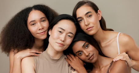 Sticker - Diversity, beauty and women, portrait and cosmetics with wellness, dermatology and glow on studio background. Different skin, unique and inclusion with model group in a studio, skincare and face