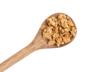 Wall Mural - crunchy granola in wooden spoon isolated on white background with clipping path, top view, healthy breakfast concept