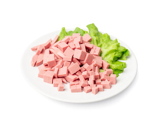 Wall Mural - Diced Mortadella Slice Isolated, Luncheon Meat Cut, Chicken Ham Cubes, Boiled Sausage for Breakfast