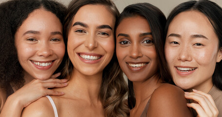 Sticker - Natural beauty, skincare and diversity with women, dermatology and face isolated on studio background. Wellness, unique healthy skin and inclusion with cosmetic care, makeup shine and portrait