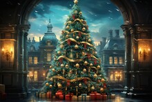 A Large Christmas Tree With Gifts Stands In The Arch Of An Ancient Castle. New Year Banner, Postcard