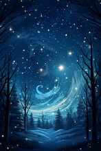 Starry Night Over A Forest. Fantasy Landscape.