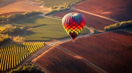 hot air balloon floating above a colorful patchwork of vineyards and fields generative ai