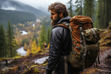 Fototapeta  - A hiker carrying essential survival gear and a map while exploring remote wilderness areas, exemplifying outdoor risk management. Concept of wilderness safety. Generative Ai.