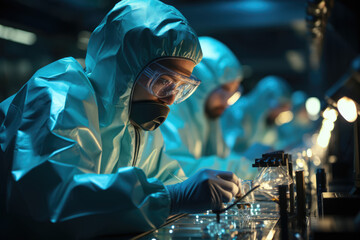 Poster - A scientist working in a laboratory wearing protective gear, following strict laboratory hygiene protocols. Concept of laboratory safety. Generative Ai.