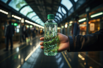 Wall Mural - A person using hand sanitizer while traveling, practicing hygiene on the go. Concept of travel hygiene. Generative Ai.